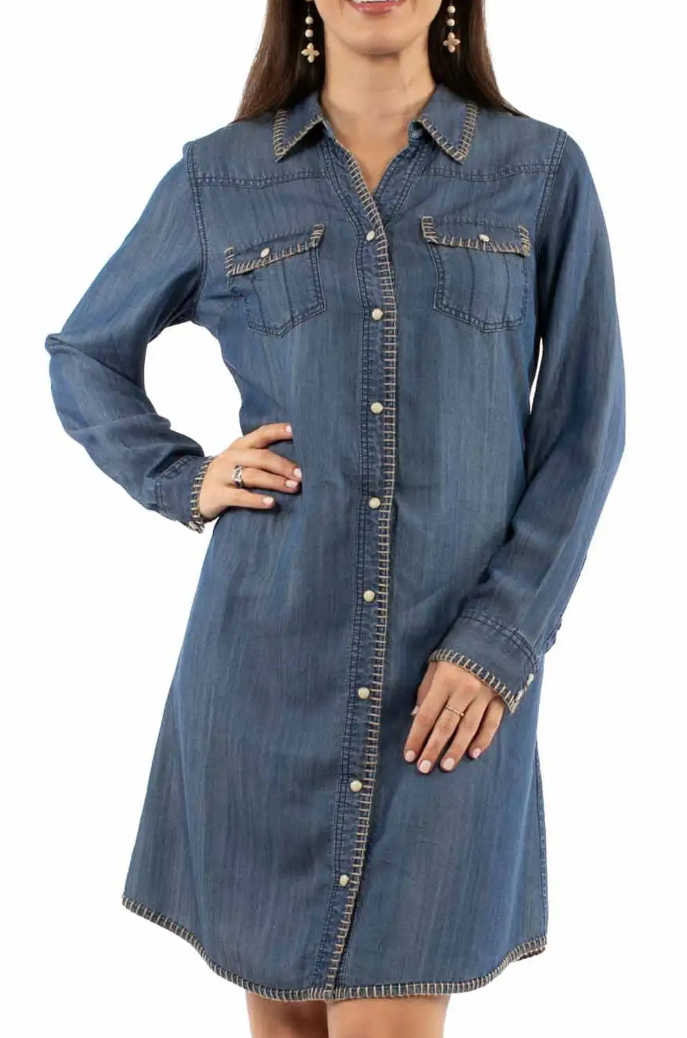 Whipstitch Detail Snap Front Casual Dress