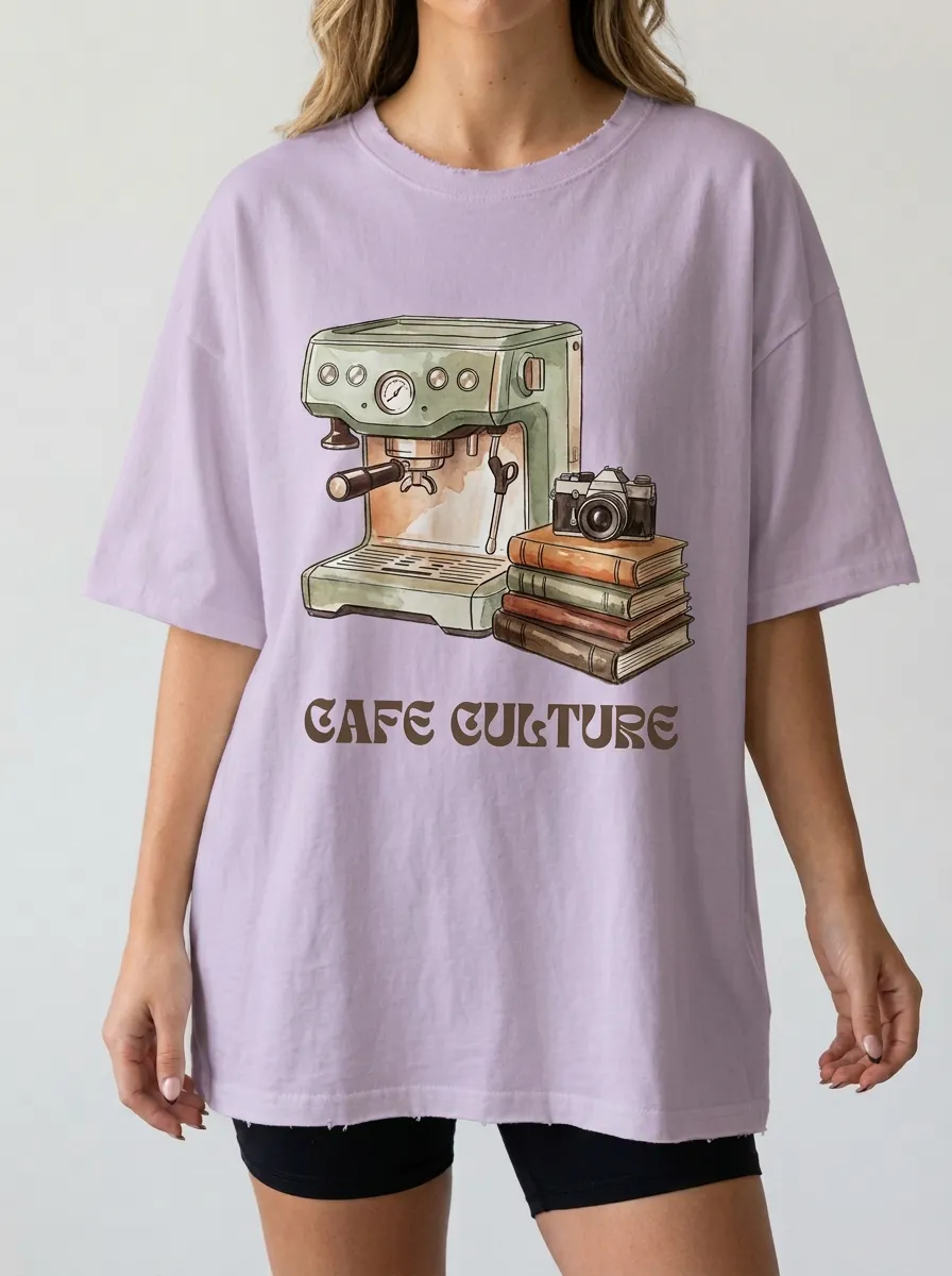 Women's Cafe Culture Coffee Machine Camera Books Graphic T-Shirt