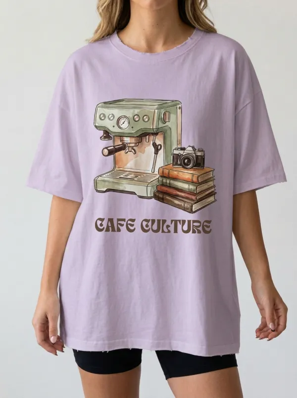Women's Cafe Culture Coffee Machine Camera Books Graphic T-Shirt