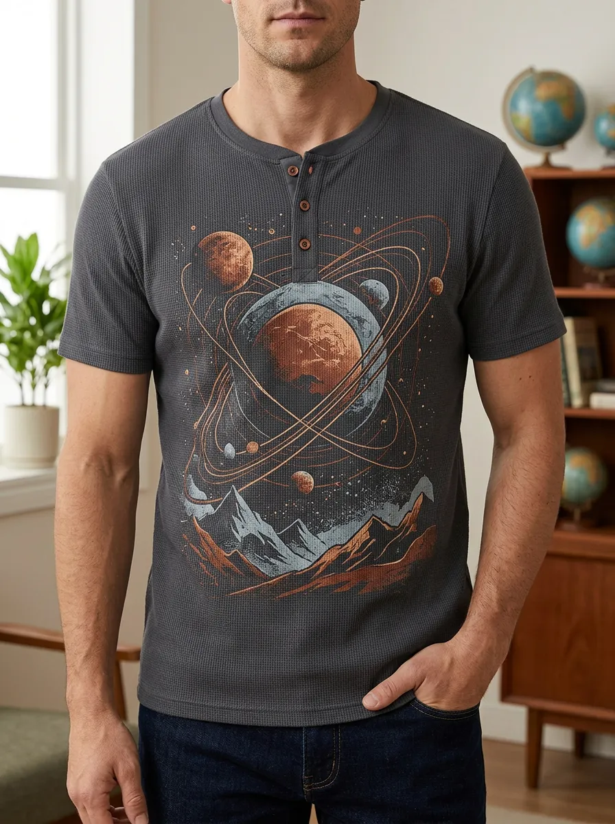 Men's Relaxed Space Astronomy Planet Mountain Henley T-Shirt