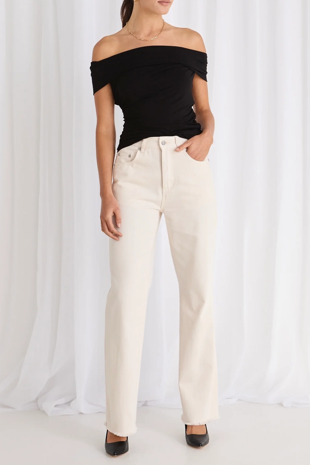 Ecru High - Waist Wide - Leg Jeans