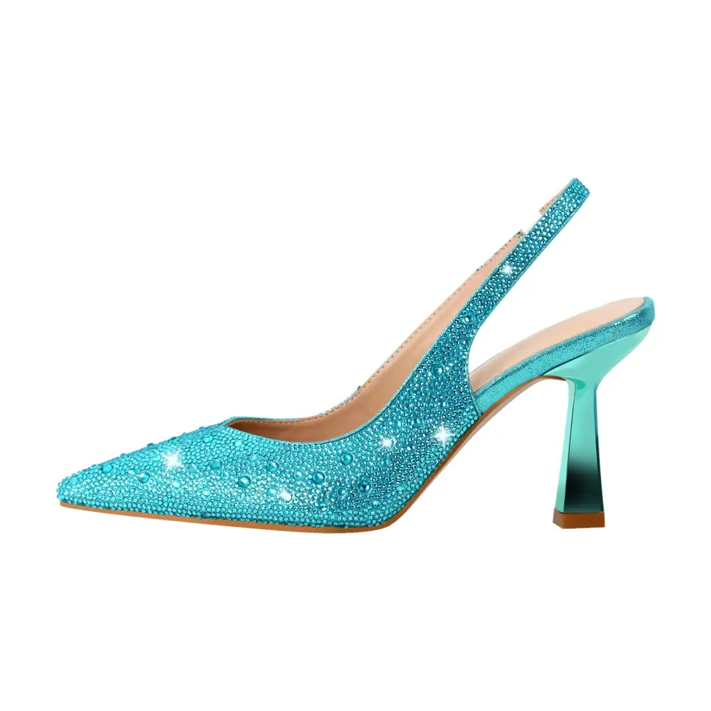 Rhinestone Pointed Toe Chunky Heel Slingback Pumps