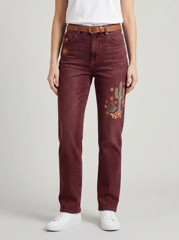 Women's Desert Nature Lover Cactus Turtle Embroidered Straight Jeans