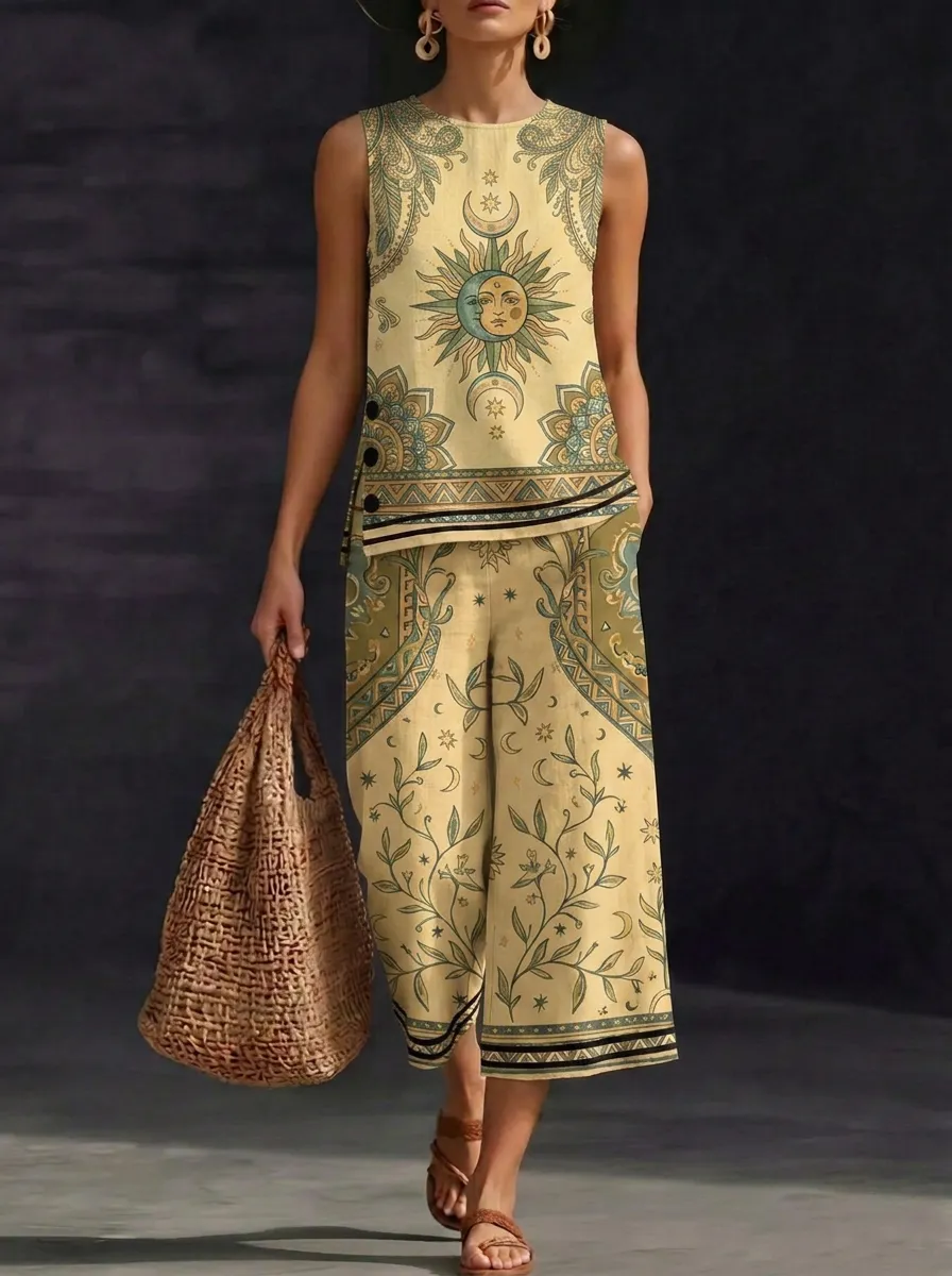 Women's Boho Celestial Sun Moon Printed Sleeveless Set