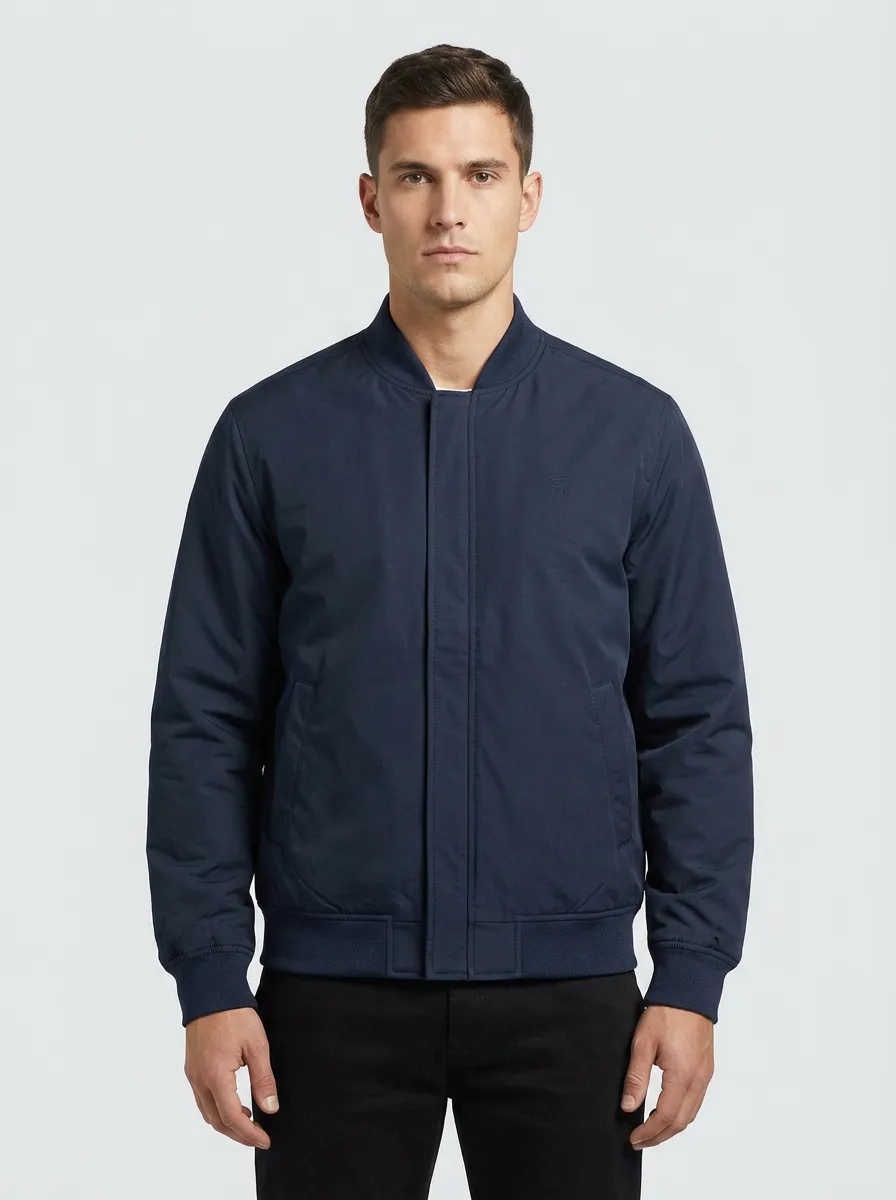 Men's Casual Minimalist Navy Blue Solid Bomber Jacket