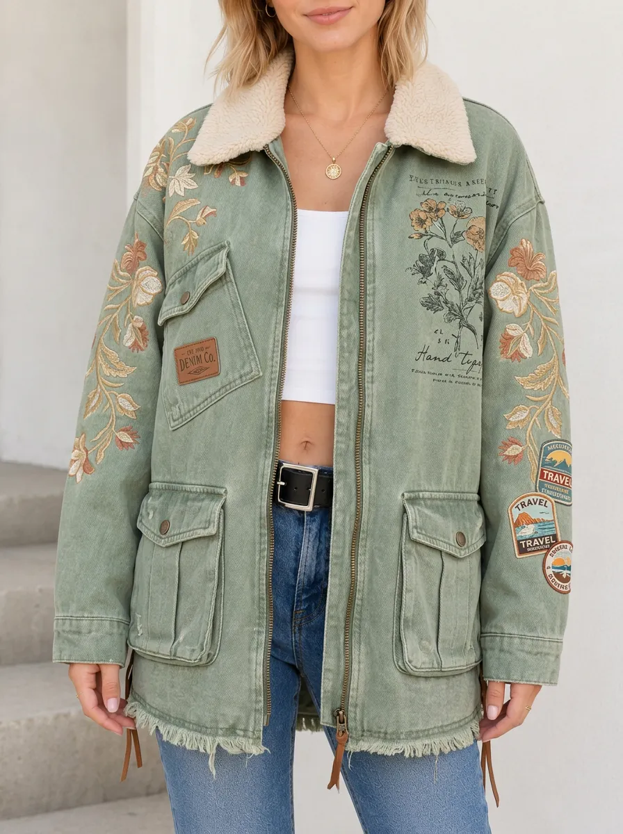 Women's Travel Lover Floral Embroidered Printed Denim Jacket