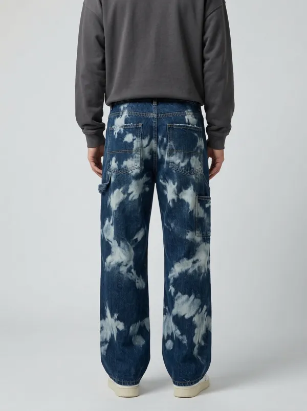 Men's Sun Graphic Cloud Wash Printed Wide Leg Jeans