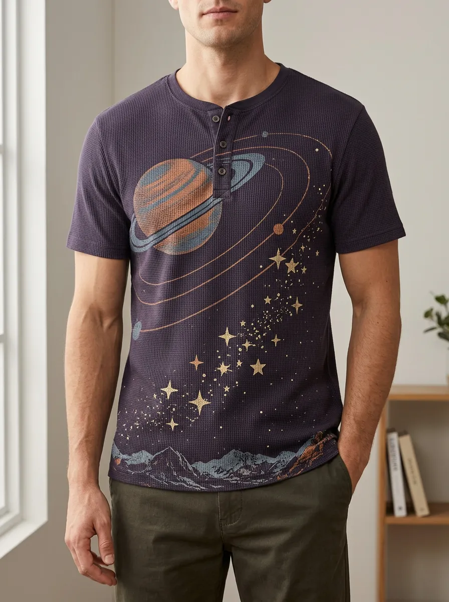 Men's Space Astronomy Planet Stars Printed Henley T-shirt
