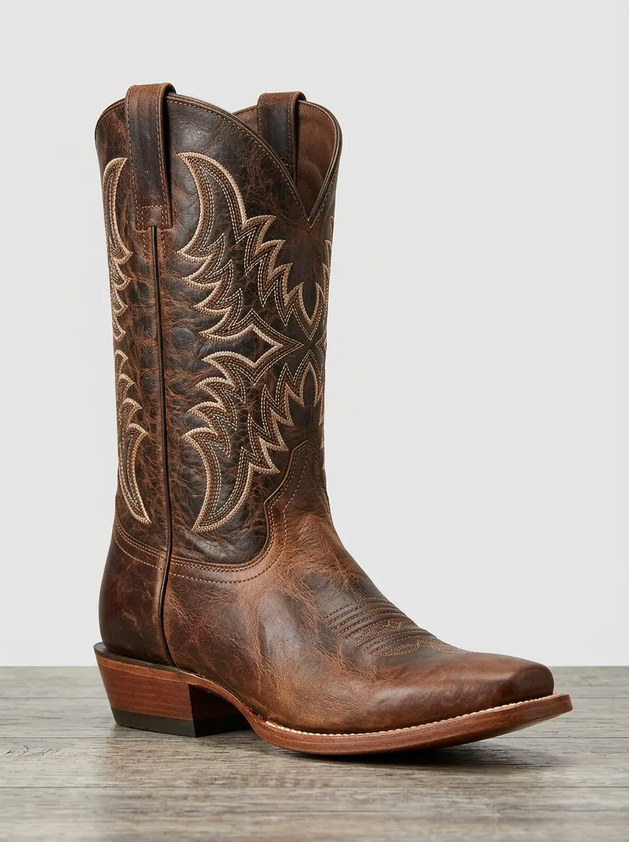 Classic Western Embroidered Distressed Leather-Look Trail Look Men's Western Cowboy Boots