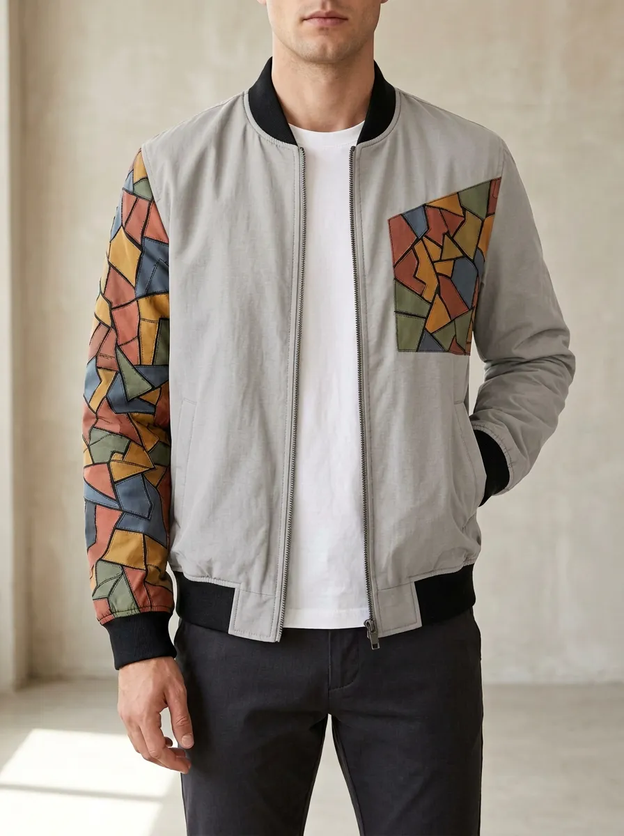 Men's Geometric Mosaic Pattern Printed Bomber Jacket