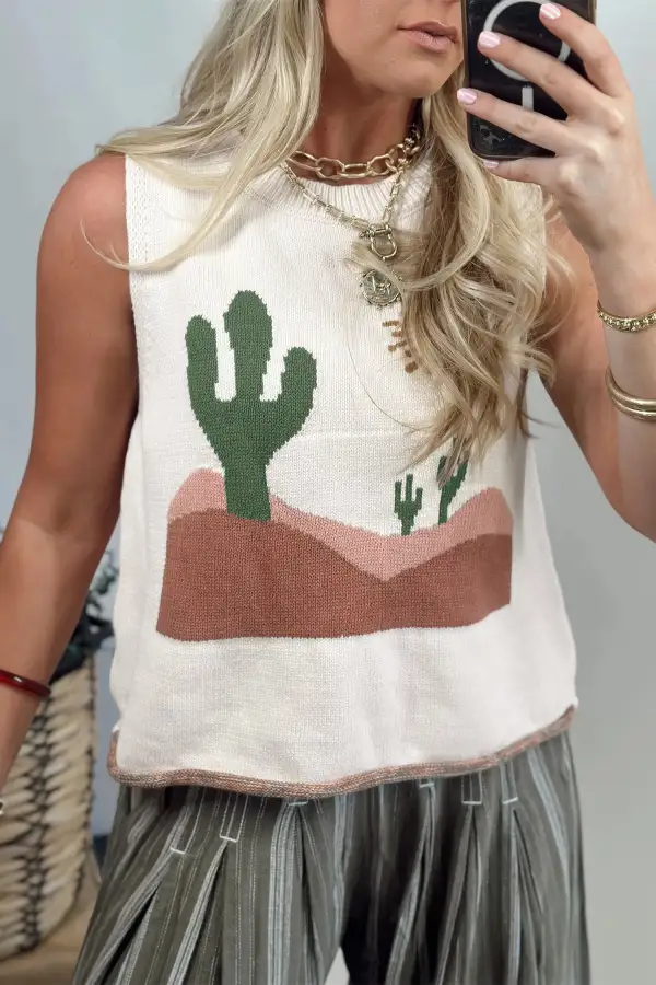 Cactus Pattern Loose Sweater Vest