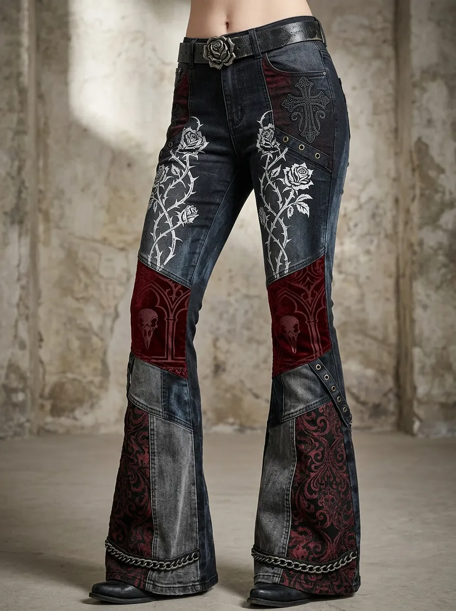 Dark Skull Rose Cross Victorian Look Women's Gothic Flare Pants
