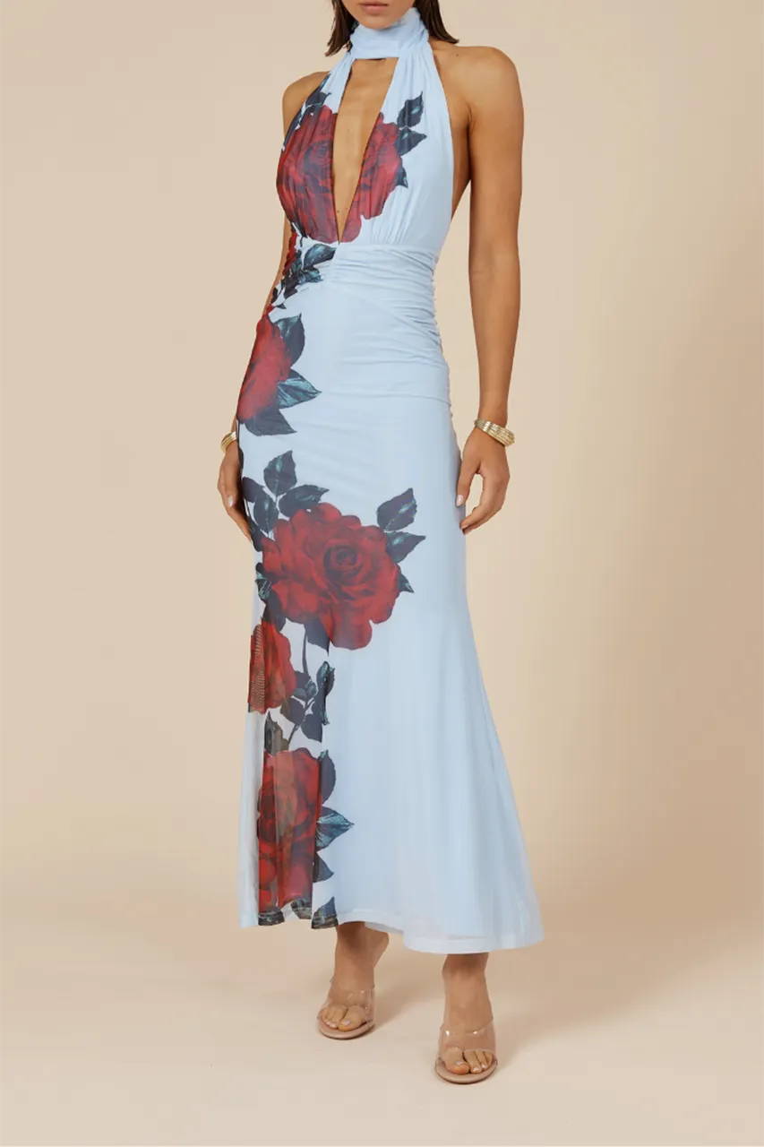 Floral Print Halter Neck Maxi Dress