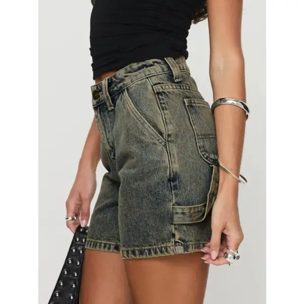 High Rise Pocketed Washed Denim Shorts