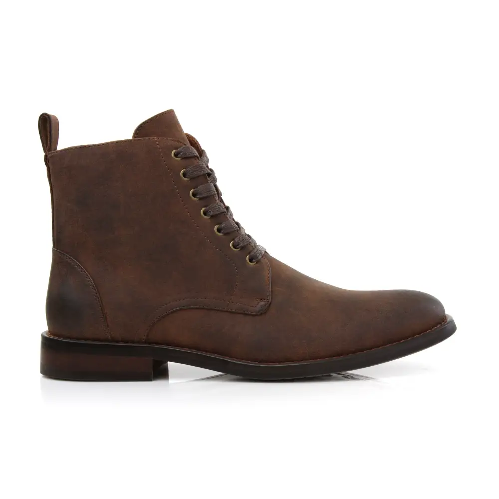Faux-Leather Burnished Lace-Up Ankle Boots