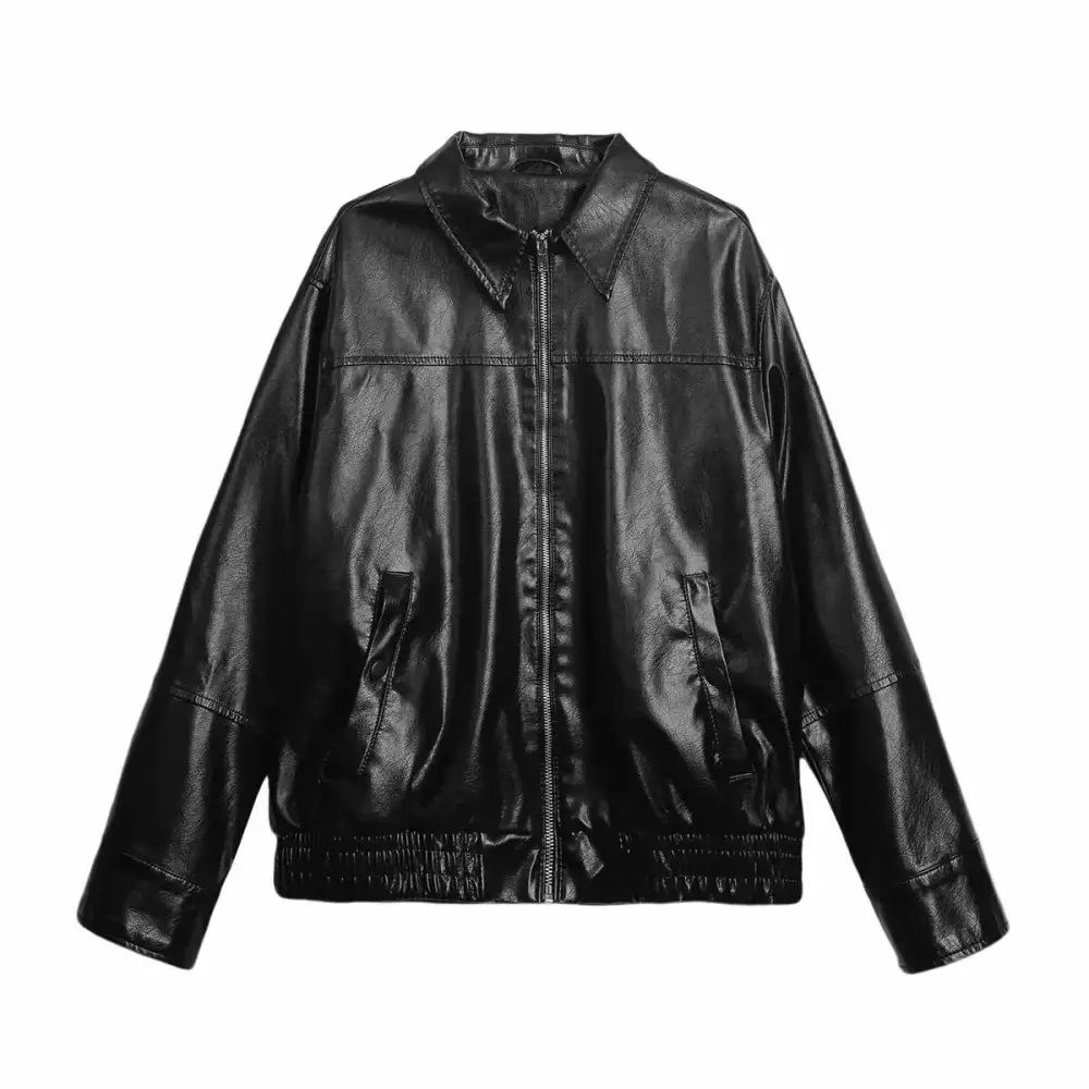 Oversized Faux Leather Shirt Collar Zip Front Bomber Jacket