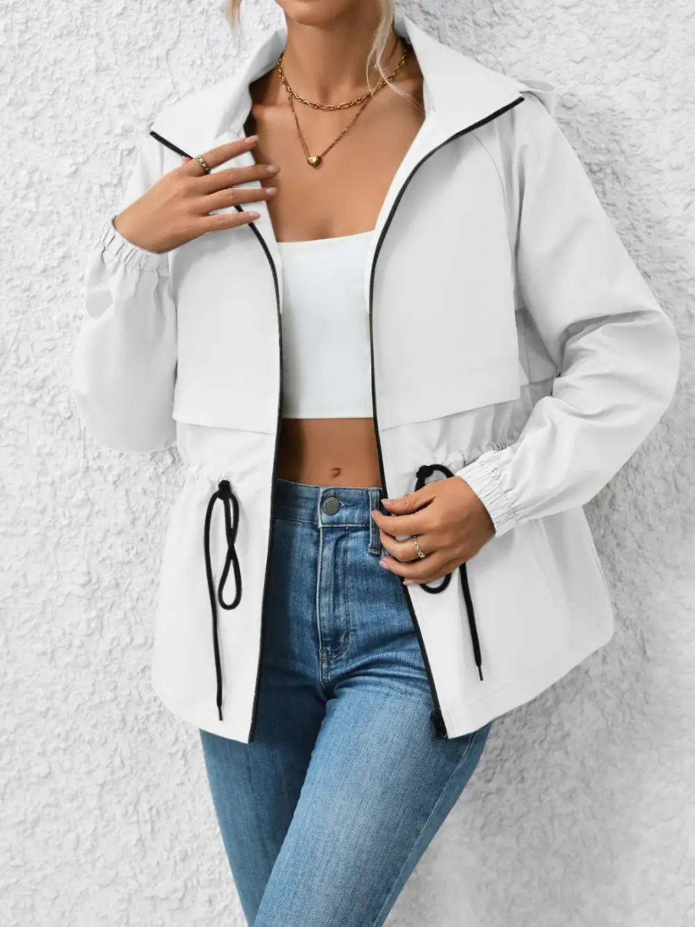 Drawstring Zip-up Hooded Jacket