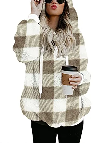 Women Casual Double Fuzzy Sweatshirt Faux Fleece Zip Pullover Hoodies Coat Outwear S-XXL