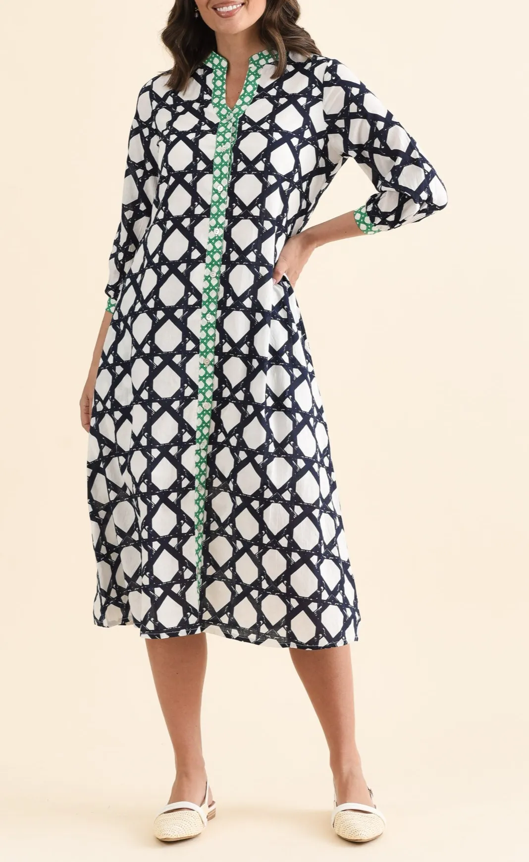 Below-Knee Geometric Cotton Pocket V-Neck Three-Quarter-Sleeve A-Line Dress