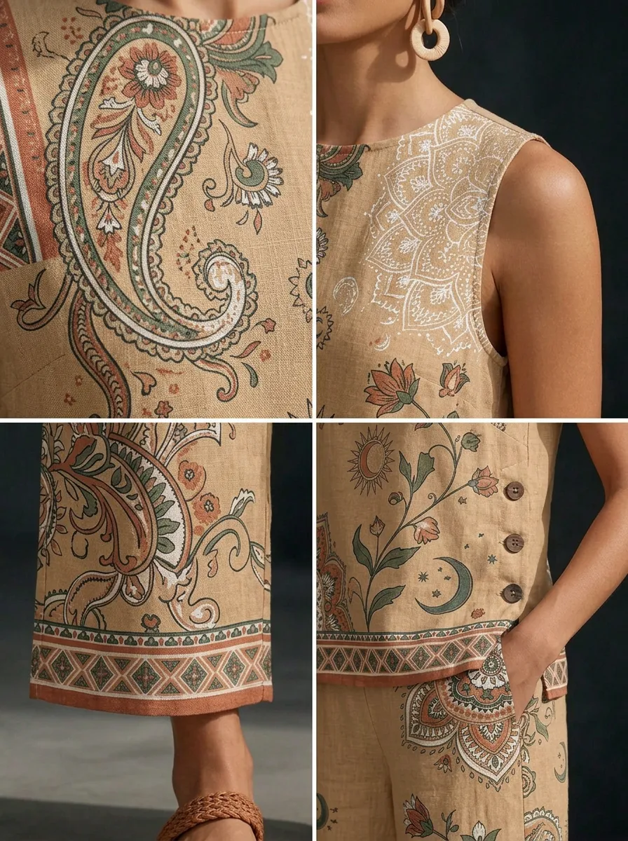 Women's Boho Paisley Floral Sun Moon Printed Sleeveless Set