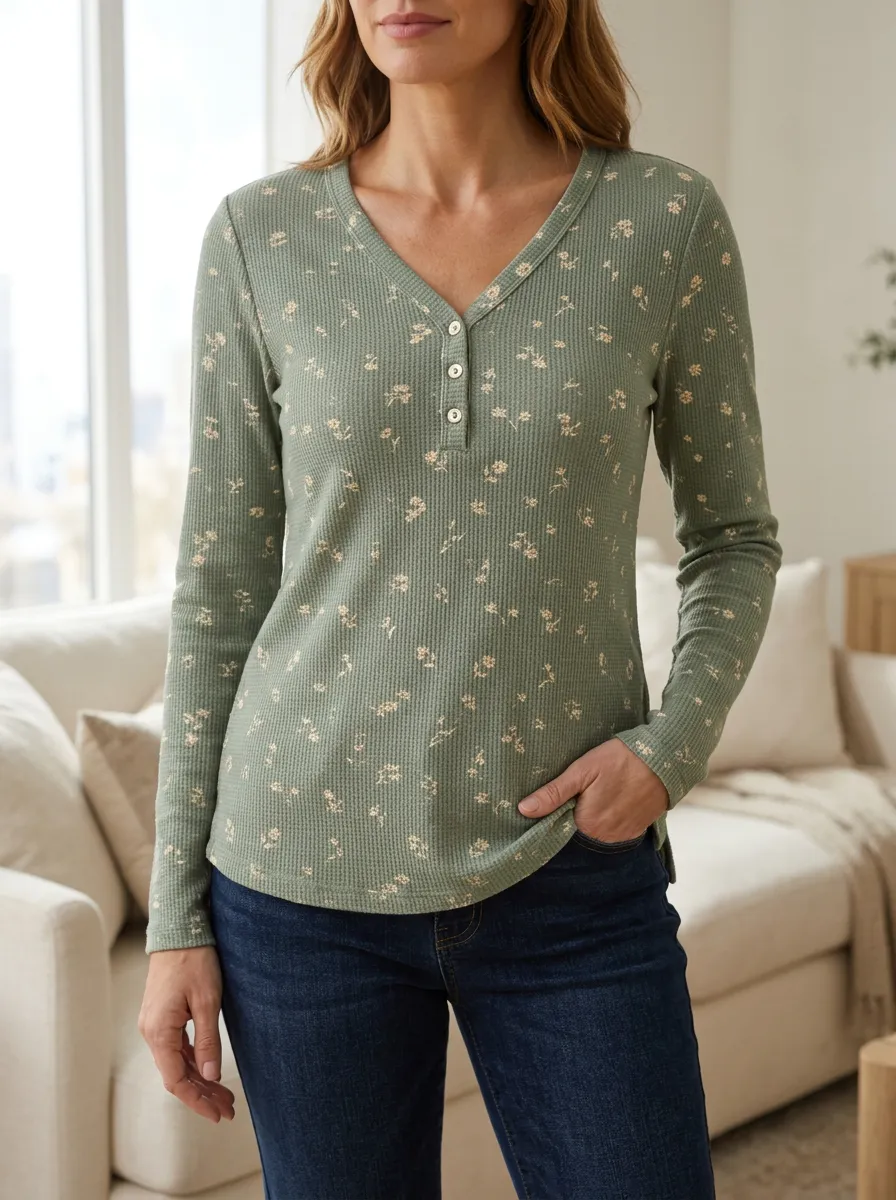 Women's Gallery Floral Pattern Waffle Knit Printed Button V-Neck T-Shirt