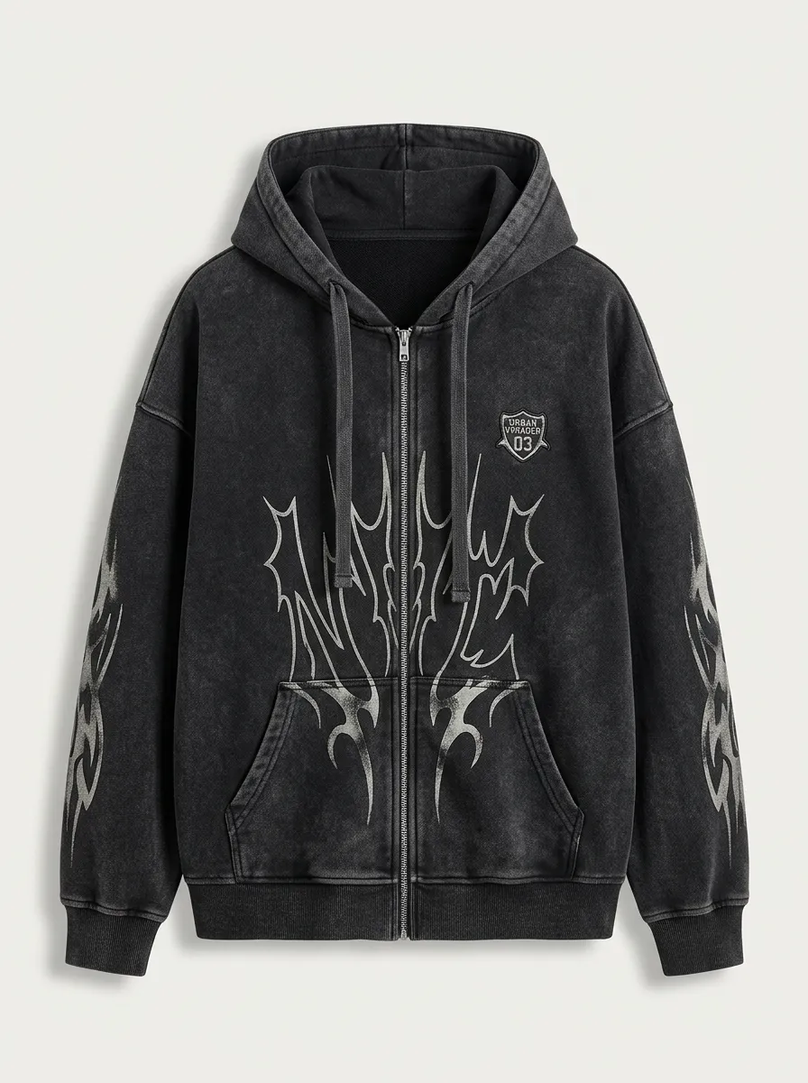 Unisex Streetwear Gothic Tribal Graphic Printed Zip-up Hoodie