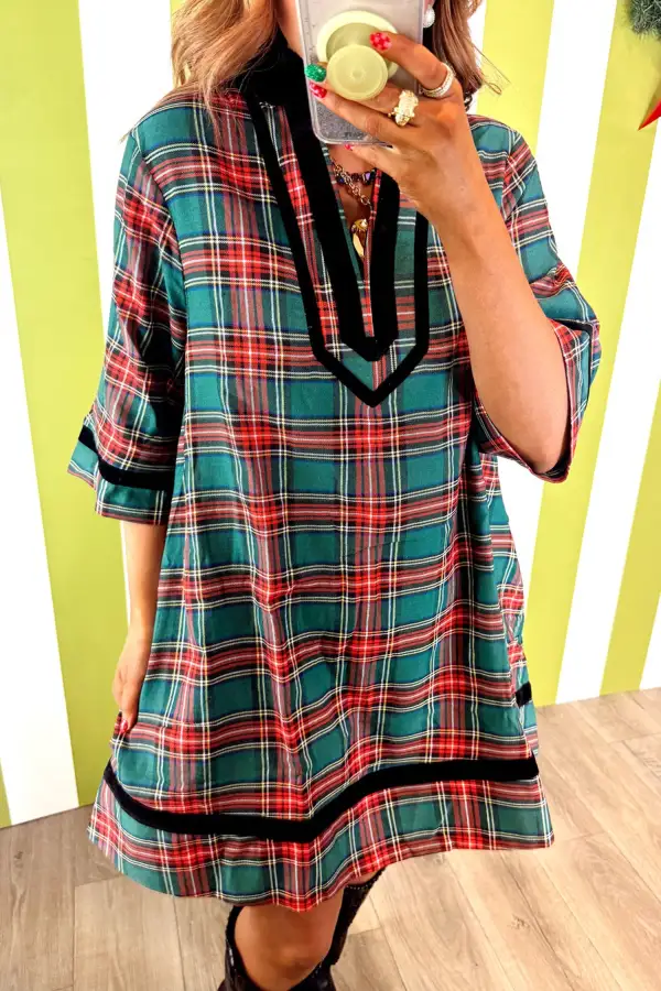 Women's Plaid Velvet Shift Pocket Mini Dress