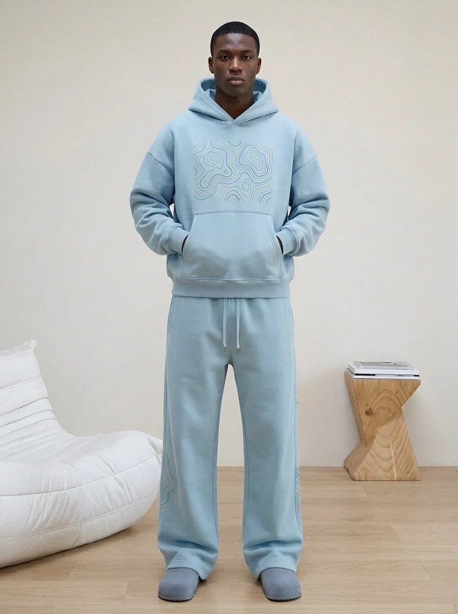 Men's Minimalist Abstract Topographic Printed Hoodie Sweatpants Set