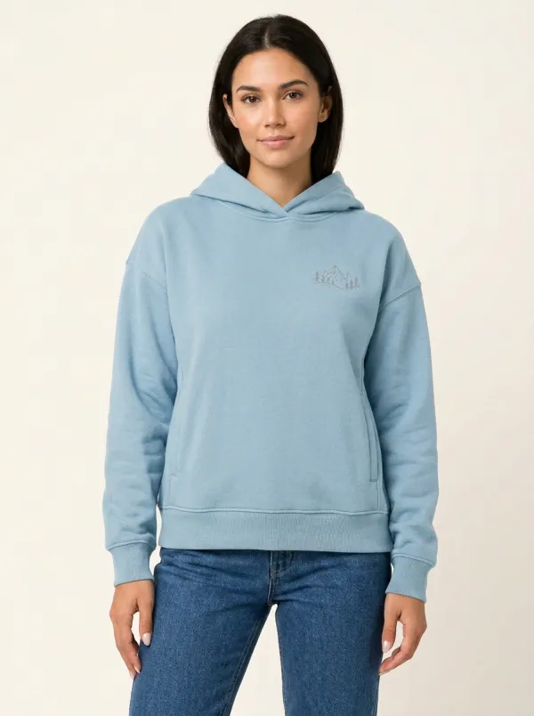 Women's Mountain-Pine Line-Art Crossover-Neck Side-Pocket Hoodie