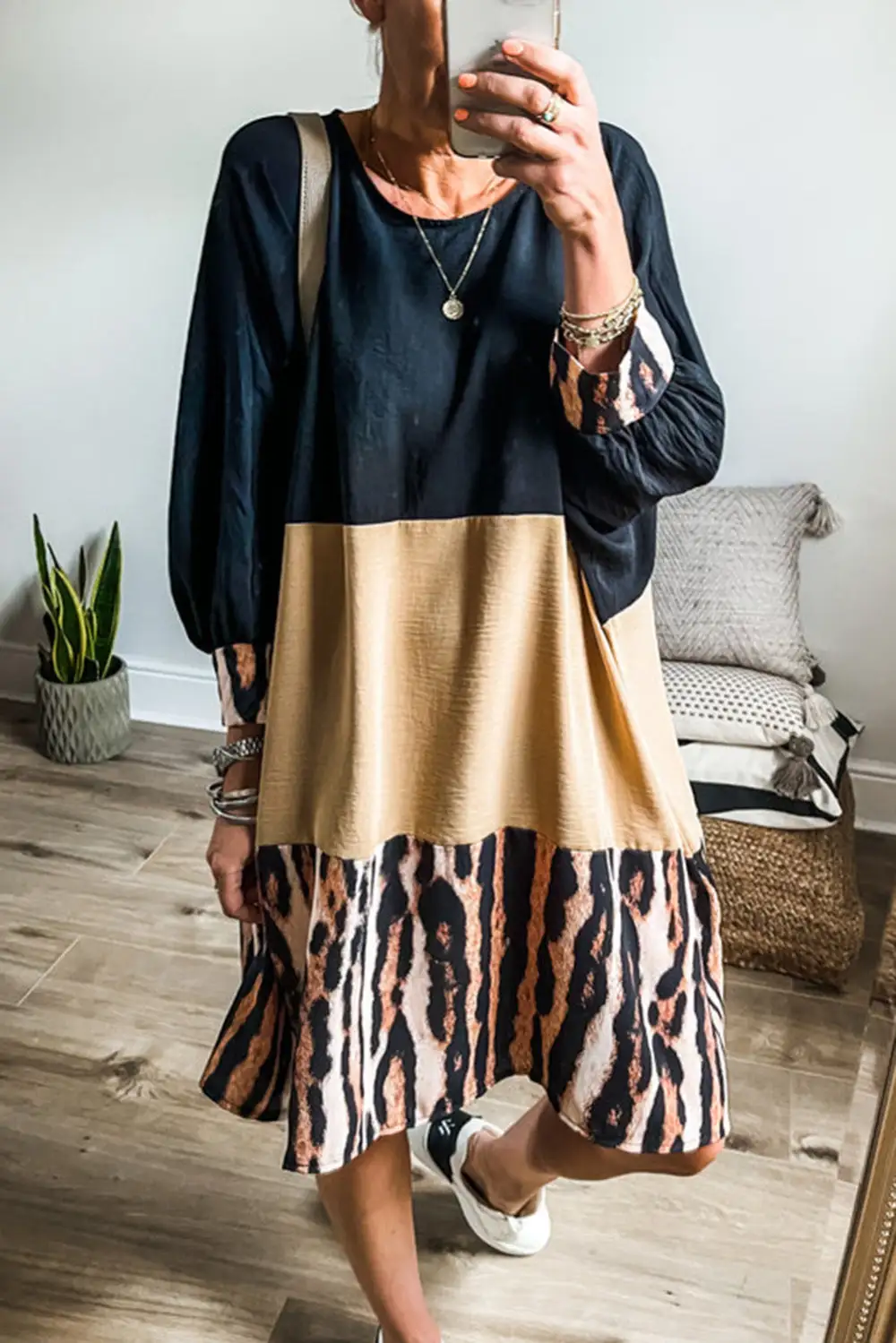Tiger Colorblock Bishop Sleeve Mini Dress