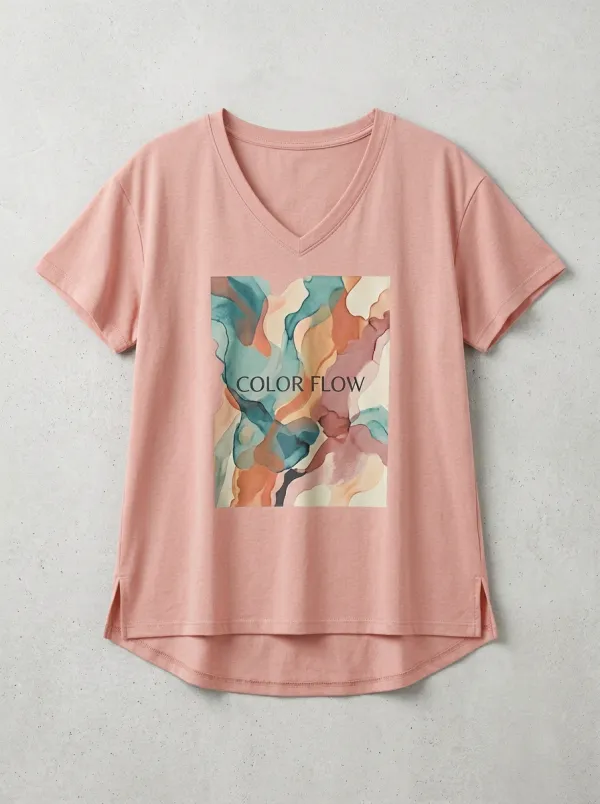 Women's Abstract Art Color Flow Watercolor Printed V-Neck T-Shirt