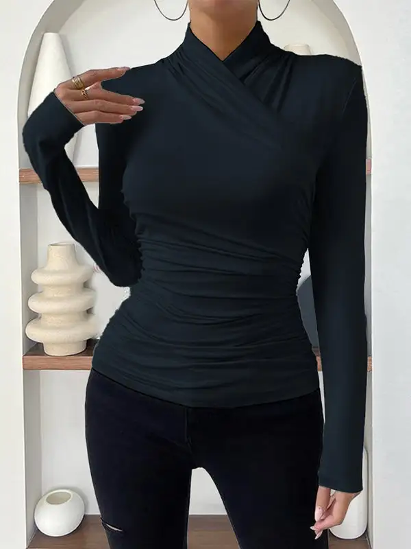 Long Sleeve Slim Fit Pleat Detail Mock Neck T-Shirt