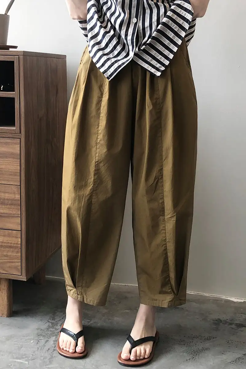 Refined Cotton Wide Leg Elastic Waist Pocketed Trousers