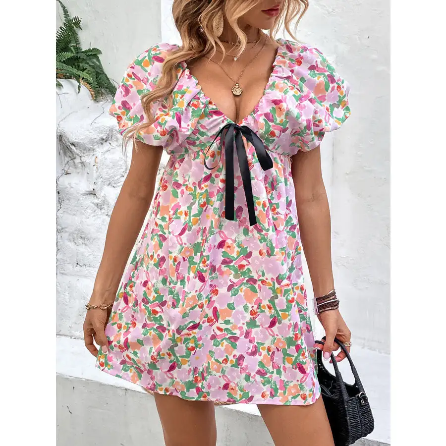 Soft Everyday V-Neck Puff Sleeve Mini Dress