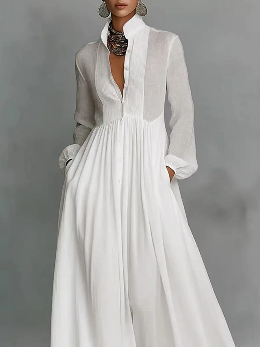 Pleated Buttoned Shirt Maxi Dress