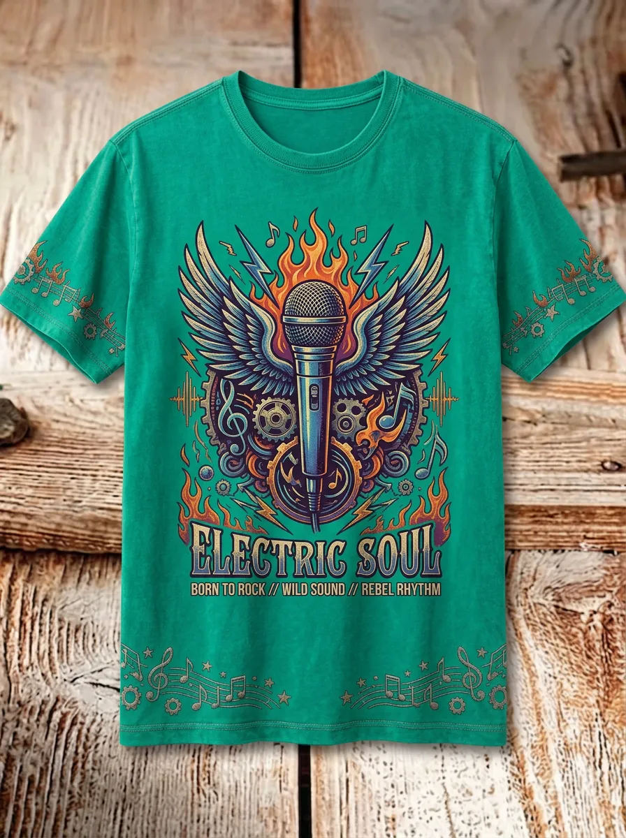 Unisex Rock Music Lover Electric Soul Winged Microphone Printed T-shirt