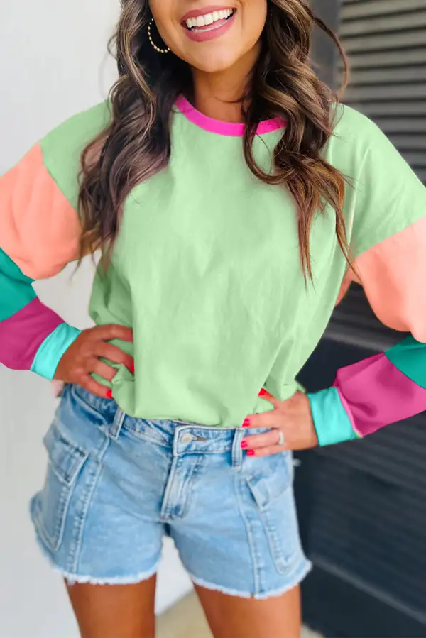 Color Block Crew Neck Relaxed Cotton Blend Long Sleeve Top