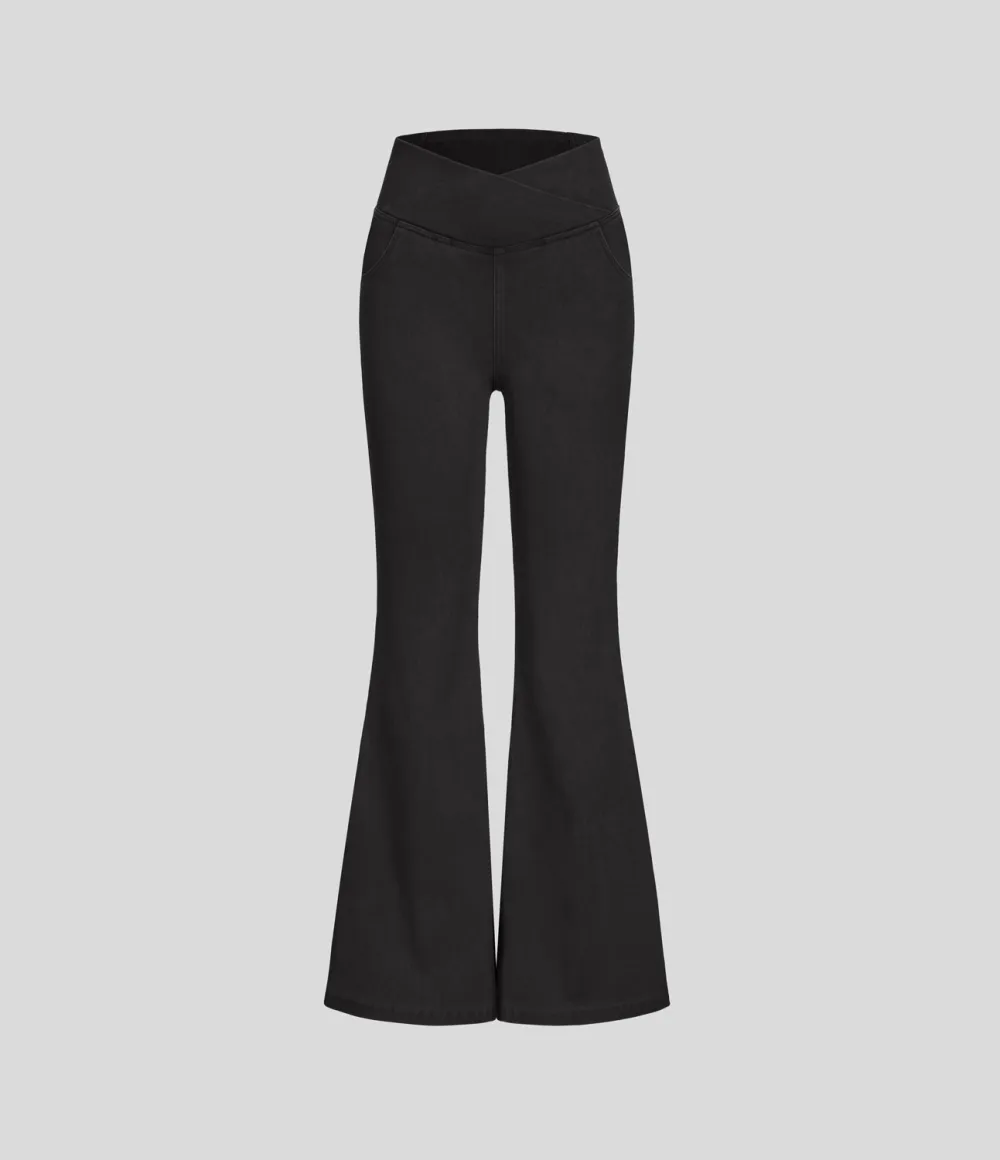Magic High Waisted Crossover Pocket Washed Stretchy Knit Casual Super Flare Jeans