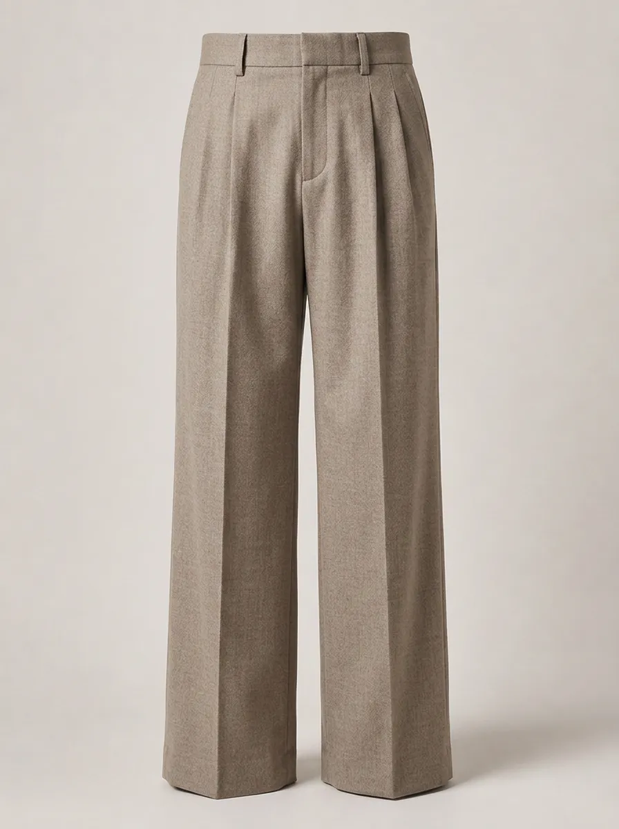 Men's Classic Minimalist Beige Pleated Wide Leg Trousers