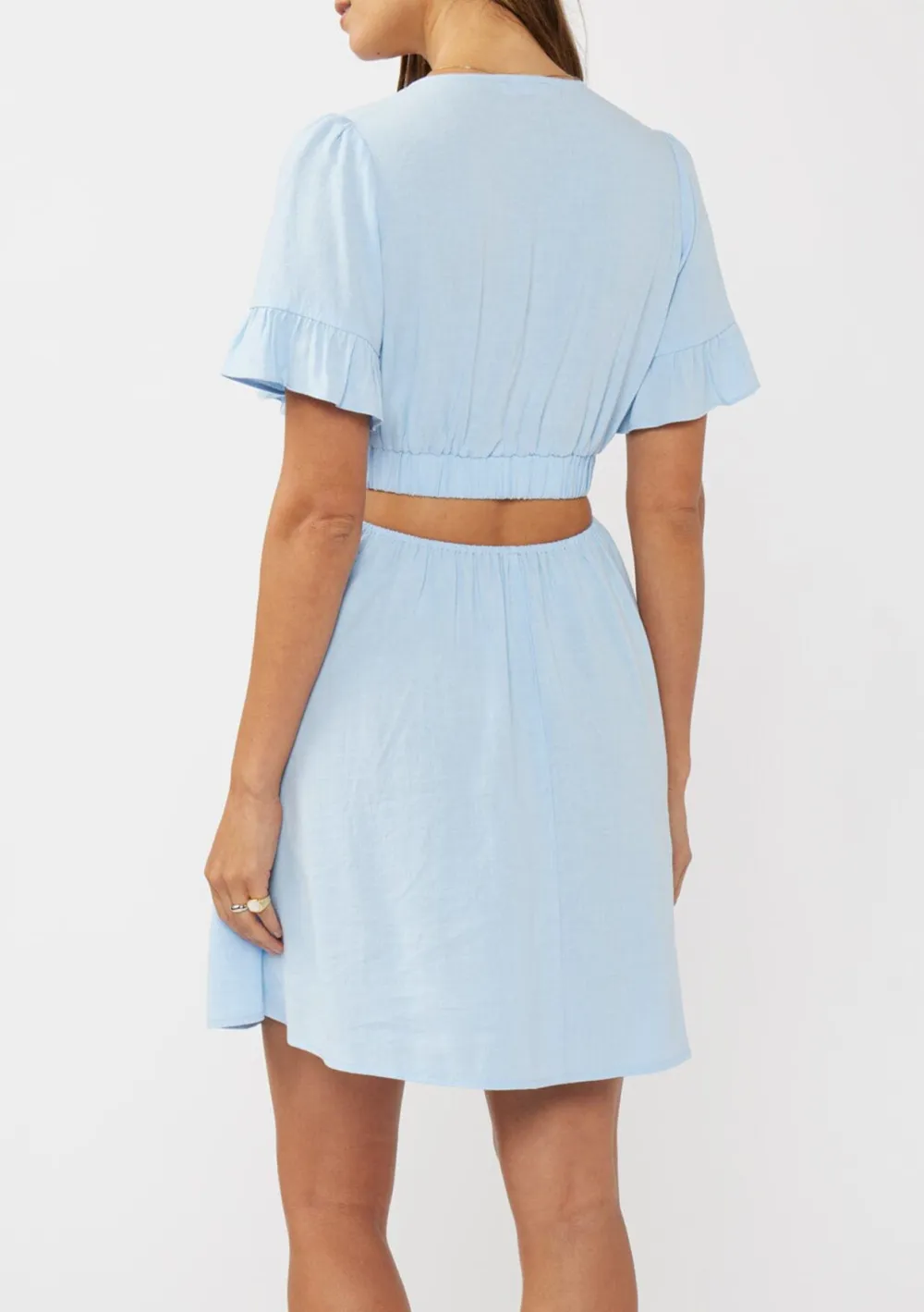 Ruffle Cutout Waist V-Neck Dress
