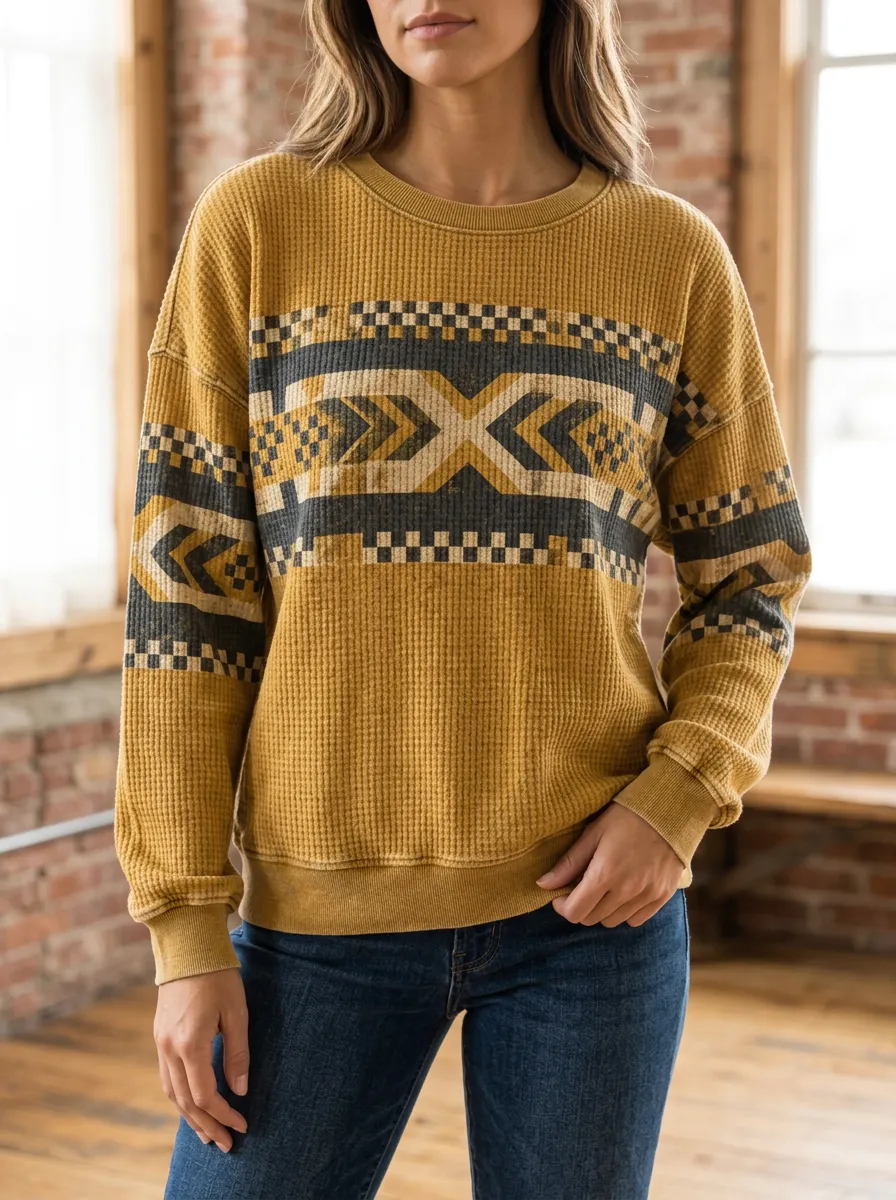Women's Boho Geometric Pattern Printed Waffle Knit Sweatshirt