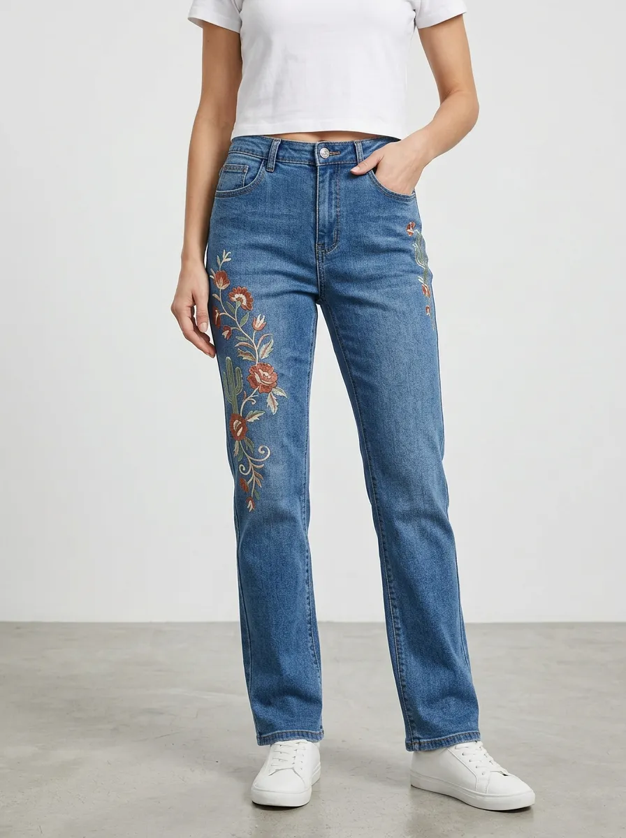 Women's Floral Cactus Embroidered Printed Straight Leg Jeans