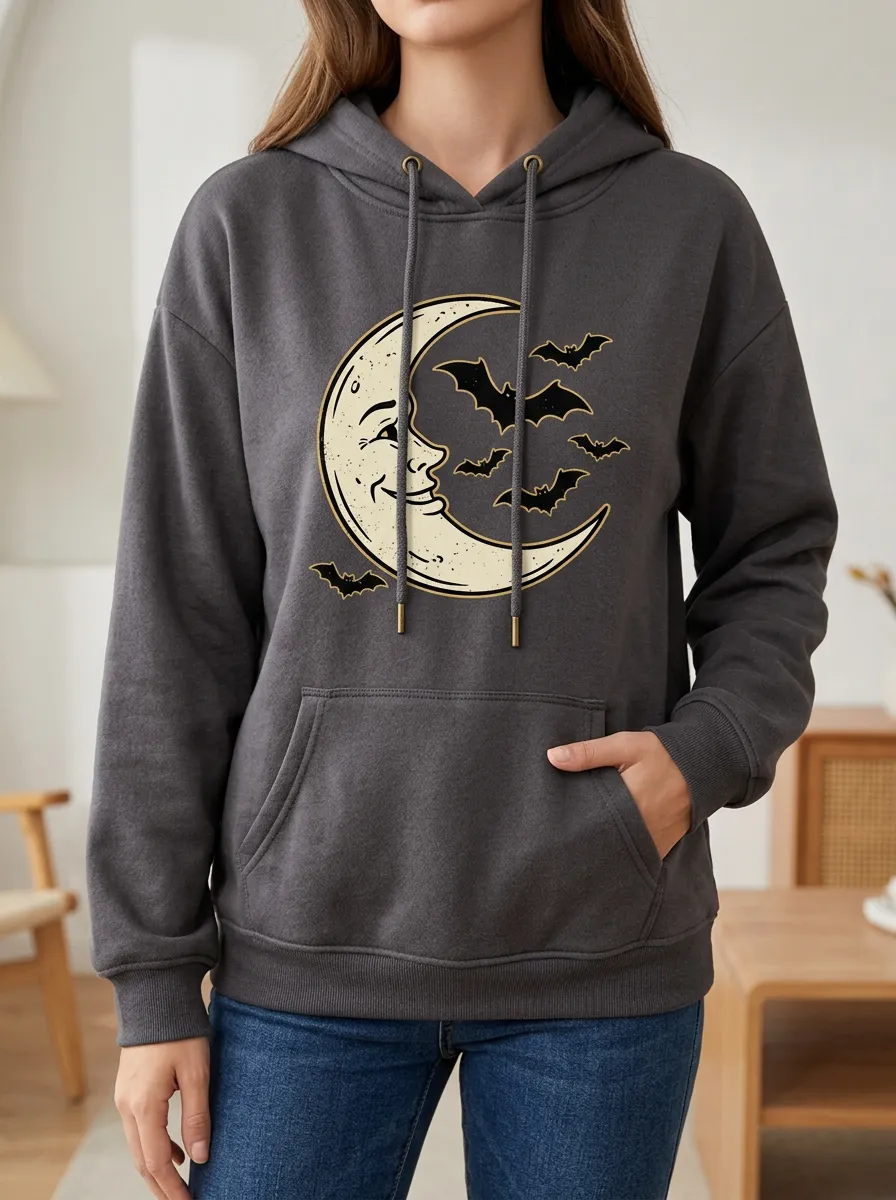 Women's Halloween Moon and Bats Printed Hoodie