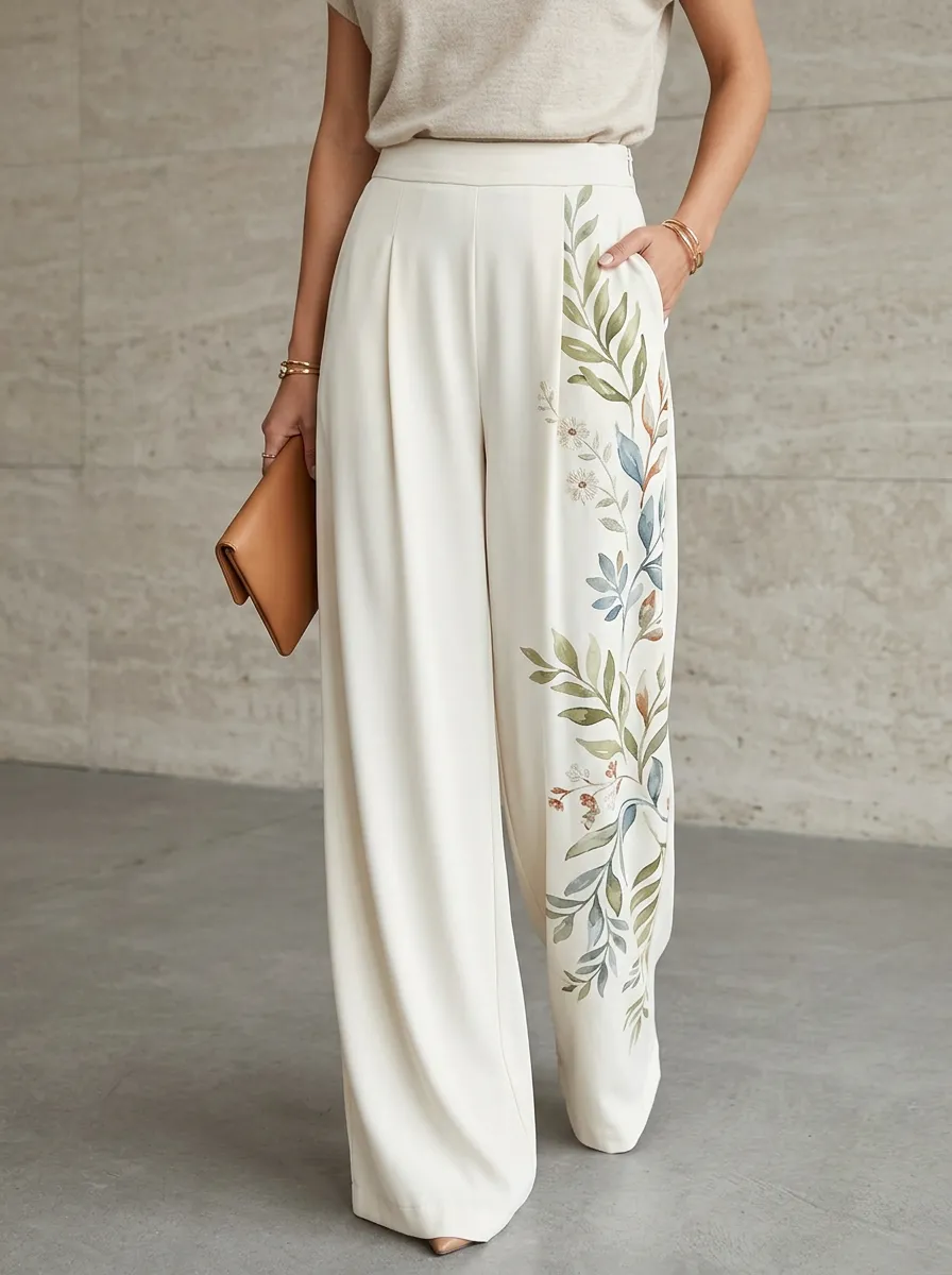 Women's Off-White Floral Print Concealed Side Zip High-Waisted Wide-Leg Trousers