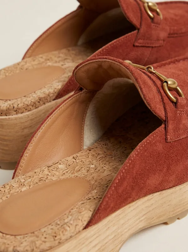 Women's Metal Detail Platform Clog Style Suede Wood Sole Loafers