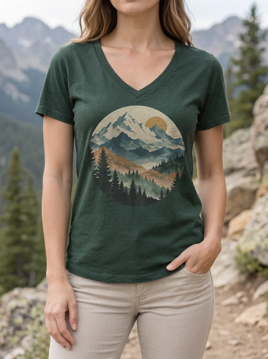 Women's Nature Lover Mountain Forest Printed V-Neck T-Shirt