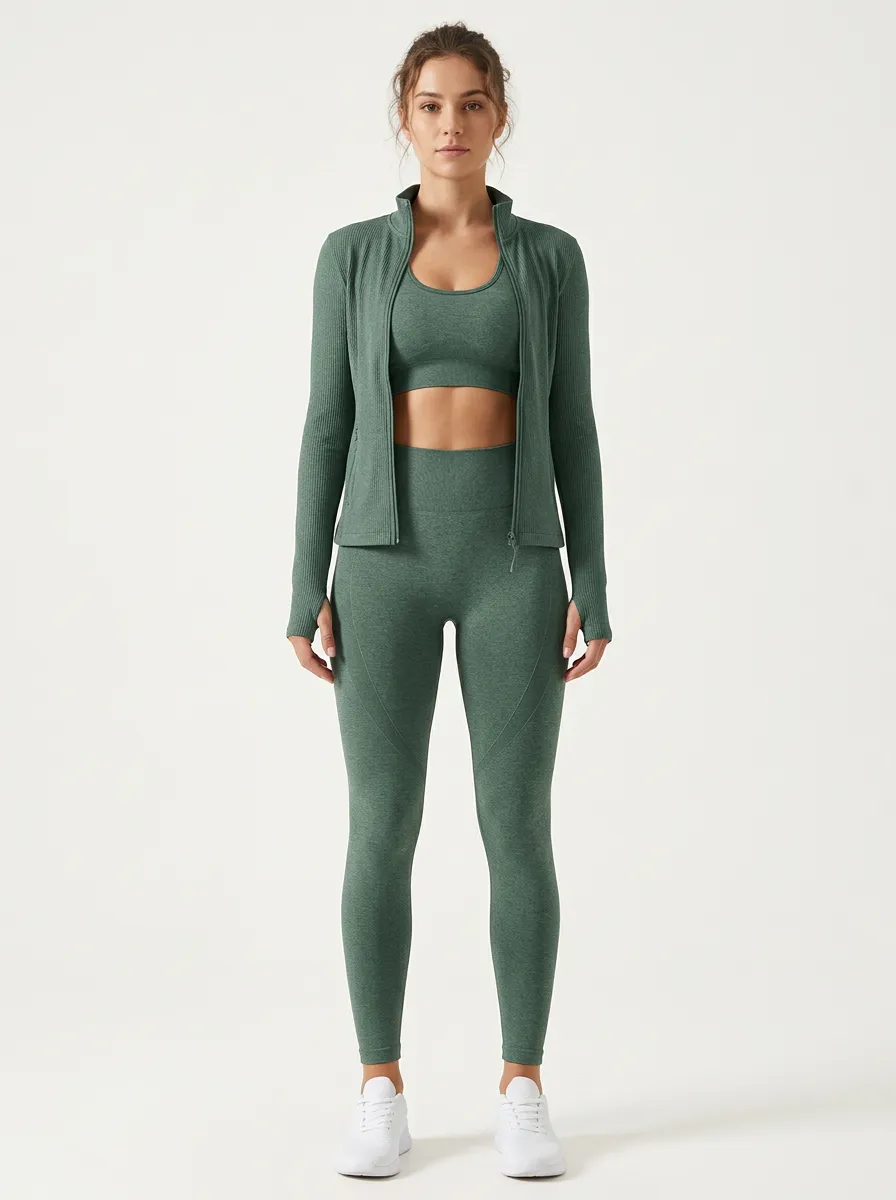 Training Ribbed Texture Seamless Design Fit Women's Three Piece Activewear Set