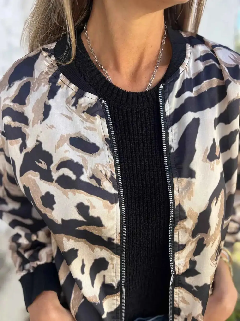 Plus Size Zip-Up Zebra Printed Bomber Jacket