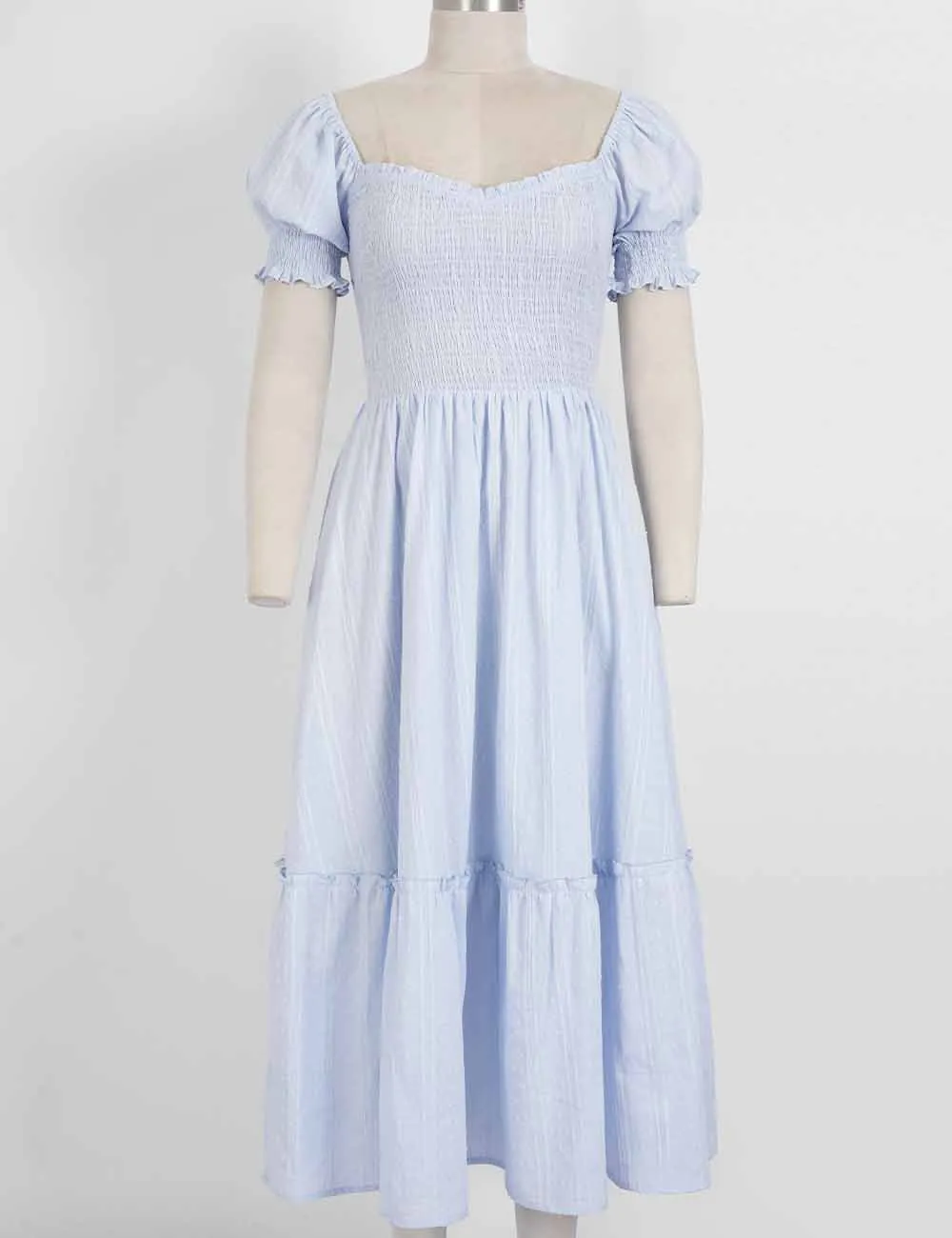 Romantic Dobby Textured Puff Sleeves Smocked Midi Dress