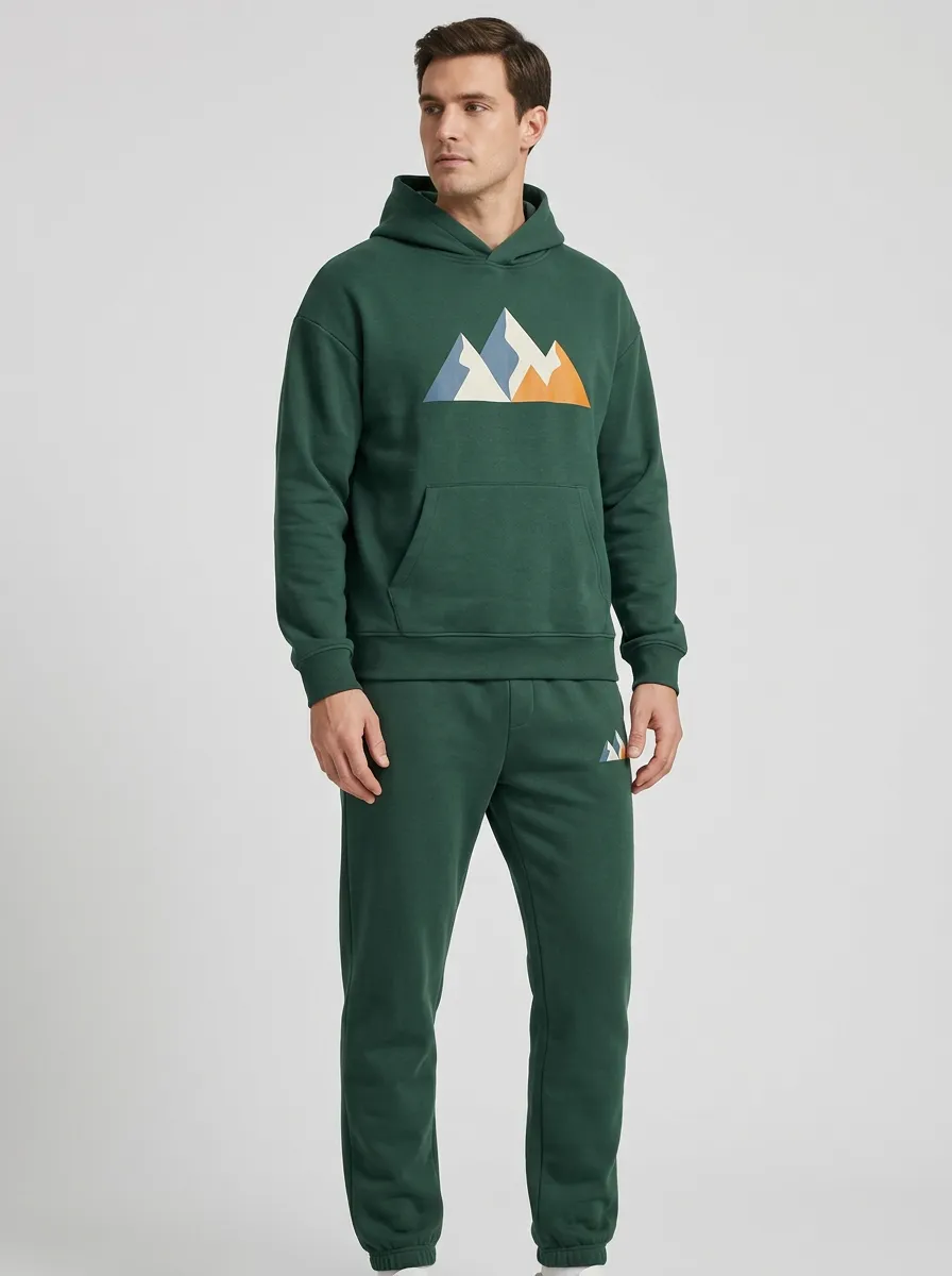 Men's Geometric Mountain Graphic Crossover-Hood Jogger Set